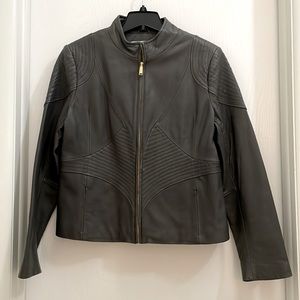 T Tahari XL Kisha Leather Moto Scuba Jacket (Graphite)